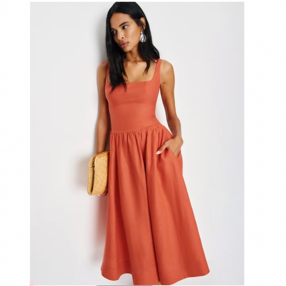 Reformation Janu Linen Dress Red Coral - Picture 3 of 6